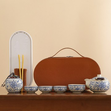 手抓壺纏枝蓮便攜式青花旅行茶具快客汝窯壹壺三杯快客杯戶外禮品