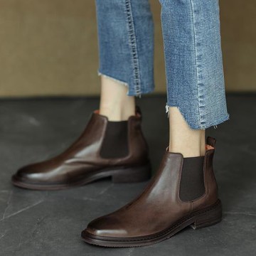 ins 巨好穿~春秋真皮低跟切爾西靴女短筒女靴英倫風平底冬季短靴