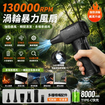【台灣出貨】暴力風扇 渦輪風槍 無刷鼓風機 吹塵機 130000RPM Type-C快充 LED照明 多噴嘴配 一機多用