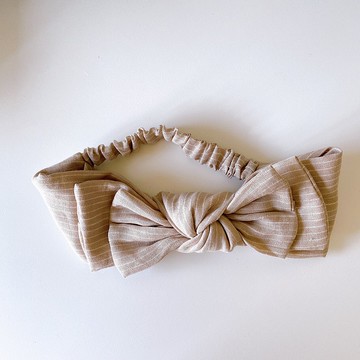 溫蒂日記 日系 米杏條紋 亞麻 雙層大蝴蝶扭結髮帶 ggoomstudio