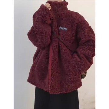 酒紅色雙面穿羊羔絨毛絨外套女2025冬季寬松加厚棉衣保暖棉服棉襖