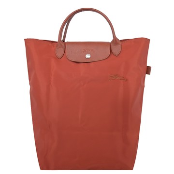 LONGCHAMP LE PLIAGE GREEN系列刺繡短把再生尼龍手提包(中/栗子紅)