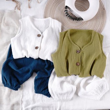 文藝范~夏兒童寶寶純棉雙層紗背心短袖 男女童薄款涼爽坎肩馬甲