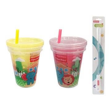 Fisher-Price 費雪 吸管水杯刷具組 含3套吸管杯與吸管清潔刷  黃色 + 粉紅  1組  296ml