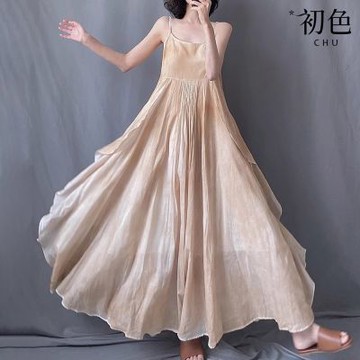 初色 文藝風純色壓褶圓領無袖吊帶打底連衣裙連身洋裝長裙-共3色-13395(M-2XL可選)