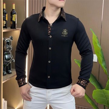 抖音爆款長袖翻領襯衫男士新款潮牌秋季修身發型師POLO輕奢襯衣男