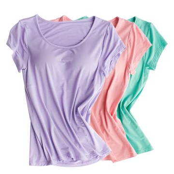 夏季莫代爾帶胸墊短袖t恤女免穿文胸罩杯一體瑜伽運動半袖家居服