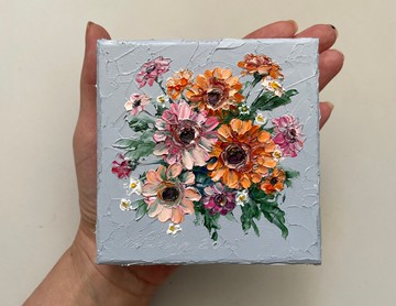 非洲菊雛菊花原創迷你油畫 - 獨特的禮物
