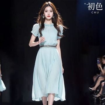 初色 法式高腰收腰修身顯瘦荷葉領休閒短袖連身裙洋裝-藍色-34926(F可選)