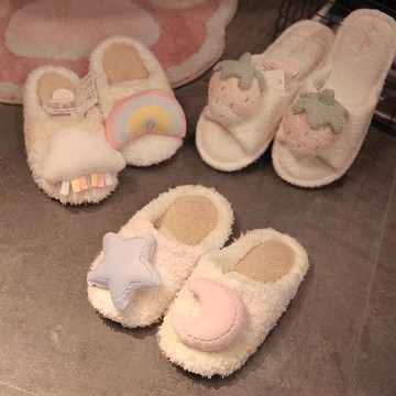 ins少女心日本草莓軟萌星星月亮可愛家居室內地板秋冬季露指拖鞋