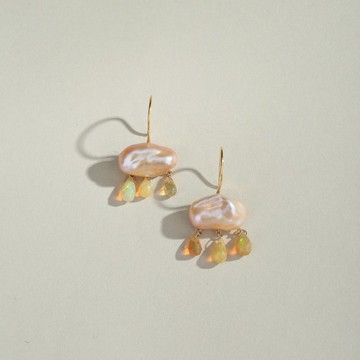 現貨巴洛克珍珠雲朵蛋白石太陽雨滴下雨耳環18k金