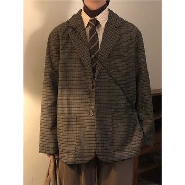 NAGAWL冬季日系復古學院風街頭小眾寬松休閑細格紋西裝西服外套男