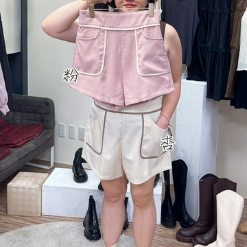 【SFB300】231025-2大口袋寬版鬆緊腰頭撞色滾邊短褲 2色 1-4