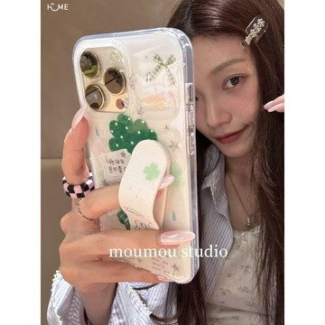 i17手機殼.雙層四葉草支架適用iPhone17/16/15Plus女14手機殼13/12蘋果11/xr