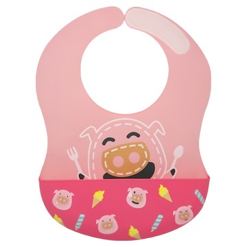 MARCUS&MARCUS 動物樂園大口袋寬版矽膠立體圍兜 - 6個月以上適用 寬大覆蓋  粉紅豬 粉色  1個