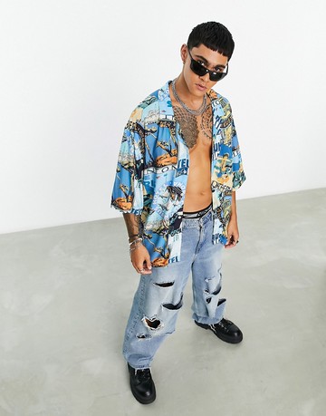 ASOS DESIGN dropped shoulder oversized revere shirt in badge postcard print-Multi