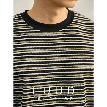 特價 雅痞輕奢時尚條紋撞色針織短袖男士夏季墜感休閑圓領T恤衫