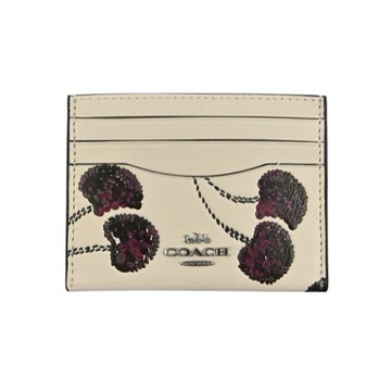[平輸版] 【COACH】仿刺繡櫻桃皮雕亮粉燙印白堊色素面皮革雙面名片/票卡夾 真品平輸