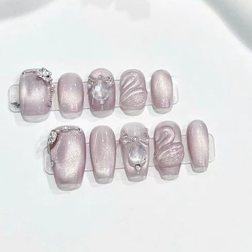 💗台灣出貨💗爆款純手工穿戴天鵝短款鑽石貓眼美甲