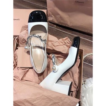 瑪麗珍單鞋2024新款miu*法式高跟鞋女粗跟一字扣帶方頭復古小皮鞋