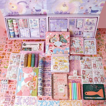 可愛少女心手賬本套裝禮盒女生網紅精致手帳本手杖筆記本小學生本子禮物創意文具工具材料手帳素材大禮包