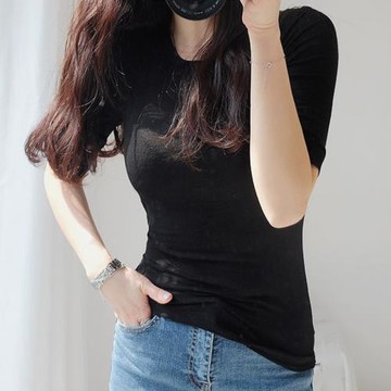 春夏新款性感修身顯瘦顯胸大緊身打底衫女彈力中袖t恤微透上衣夏