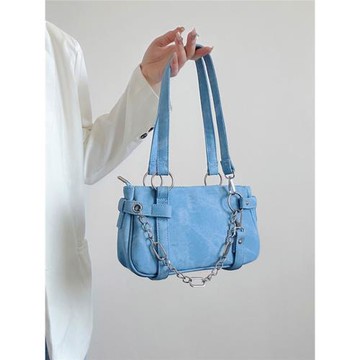 2025新款小眾設計酷辣女孩高級感牛仔紋機車鏈條包單肩腋下手提包