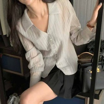 正韓女上衣 半透視長袖短款襯衫WHN1052-創翊韓都