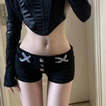 【性感辣妹必備】包臀短褲 低腰顯瘦 百搭毛邊牛仔褲 交叉絲帶緊身熱褲 性感辣妹y2k短褲 牛仔短褲 低腰熱褲 緊身短褲
