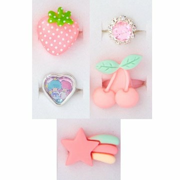 asdfkitty*三麗鷗兒童戒指組-戒圍可活動-一組5個-雙子星.粉紅彩鑽.草莓.櫻桃.流星-正版