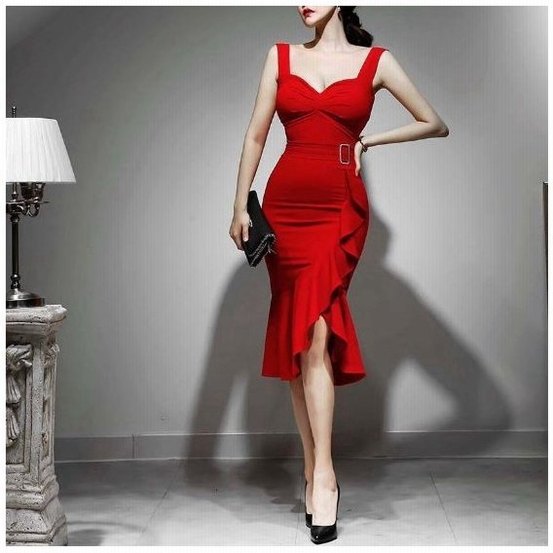 ワンピース レディース パーティードレス 30代 代 結婚式 韓国 10代 ミモレ丈 膝丈 膝下丈 無地 ノースリーブ Vネック フィッシュテール おしゃれ 赤 通販 Lineポイント最大0 5 Get Lineショッピング