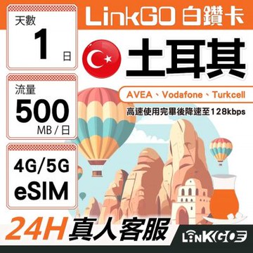 【LinkGO】白鑽卡 土耳其 eSIM卡 1天上網卡 每日500MB 高速流量(土耳其網卡 伊斯坦堡 卡帕多奇亞)