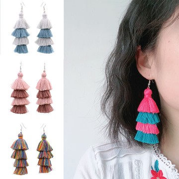 波西米亞彩線流蘇氣質復古民族風適合冬天的耳環海邊度假毛線耳環