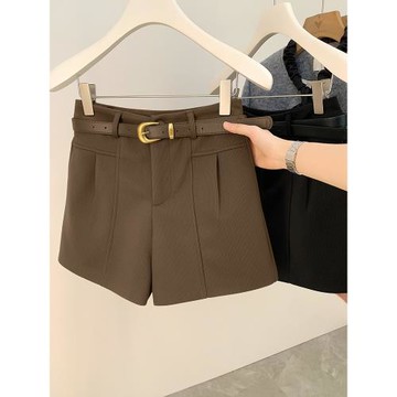 時尚加厚毛呢短褲女秋季2025年新款高腰a字闊腿外穿靴褲配腰帶