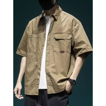 復古重磅夏季水洗口袋工裝襯衣半袖美式襯衫男士大碼寬鬆百搭襯衫 休閒襯衫 日系百搭男生襯衫 工裝襯衫男 大呎碼襯衫 純色工