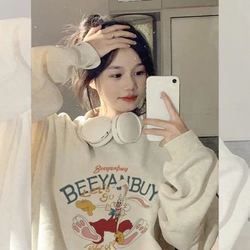 2023新款美式復古oversize卡通印花圓領灰色加絨衛衣女春秋季上衣