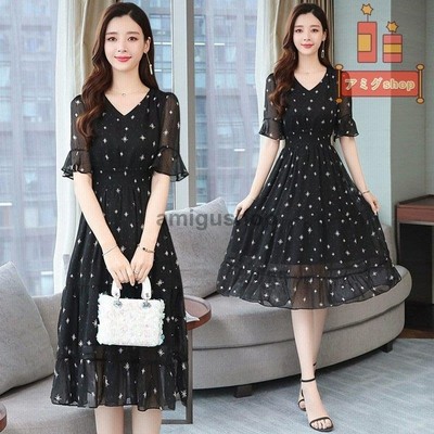 ワンピース レディース マキシワンピース 春夏 半袖ワンピース 星柄シフォン Vネック フレアスカート ひざ下 オシャレ韓国風 大人上品 結婚式ドレス 通販 Lineポイント最大get Lineショッピング