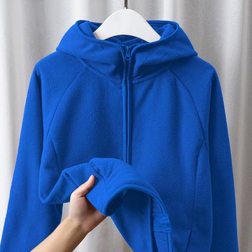 寶藍色連帽搖粒絨外套女秋冬季2025新款休閑抓絨上衣外搭拉鏈開衫