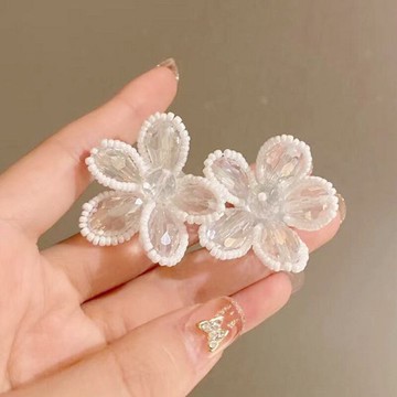 925銀針歐美夸張水晶珍珠花朵編織耳環女耳玎法式高級感耳飾品潮