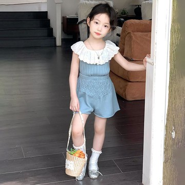 mori🎀mori童裝夏季藍色薄款鏤空針織女童荷葉領上衣短褲