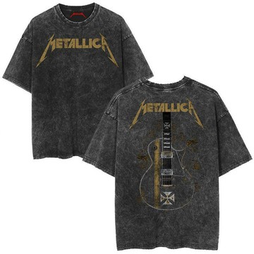 【二十三歲】臺灣出貨240g重磅MetallICA搖滾樂隊印花做舊水洗美式復古男士寬鬆短袖T恤