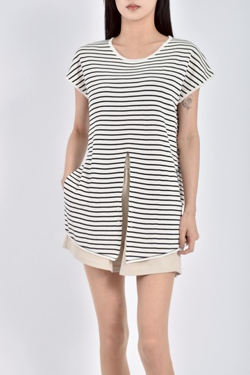 (M) 條紋開衩白色短袖上衣