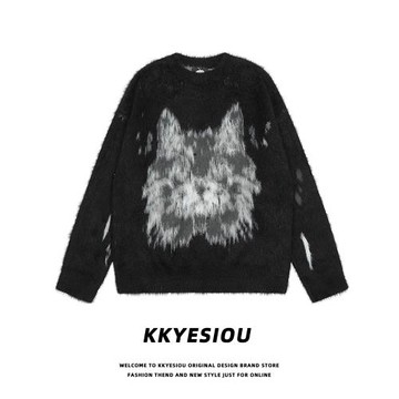 KKyesiou潮牌貓咪提花設計感情侶毛衣男女美式復古痞帥中性針織衫