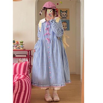 原創日系格子長袖連衣裙森系袍子寬松甜美遮肉木耳邊中長款秋季新