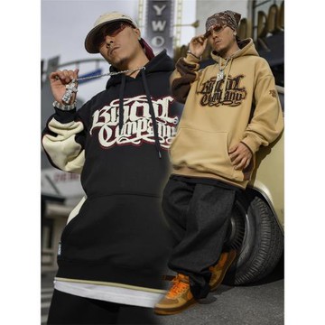 BLACUL花體字拼色加絨衛衣男寬松肥大美式街頭嘻哈連帽衫外套秋冬