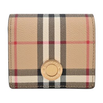 BURBERRY 浮雕LOGO格紋皮革對開短夾(卡其)