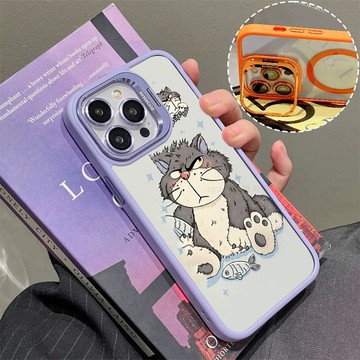 卡通路西法貓 磁吸手機殼 金屬鏡頭支架 保護殼 適用於iPhone 17 16 15 14 13 12 11 Max防摔
