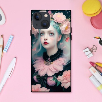 夢幻可愛女孩身著歌德風服飾，搭配粉綠色頭髮、花朵與蝴蝶 方形手機殼【強化玻璃處理】適用於 iPhone16