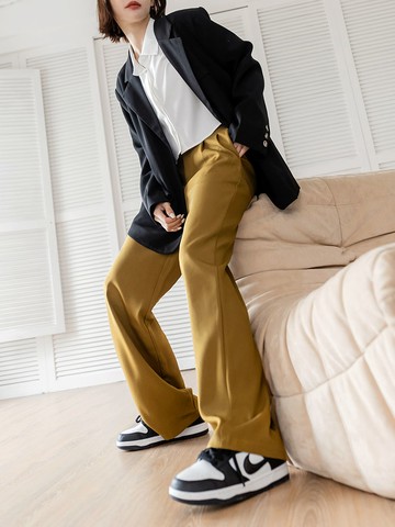 素色腰鬆緊打褶寬版直筒西裝褲