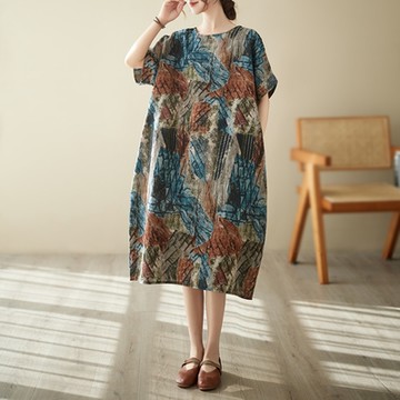 AKARA 涼感 棉麻 大碼 清質感棉麻木刻畫短袖洋裝 3XL可(涼感 棉麻 中大尺碼 短袖)